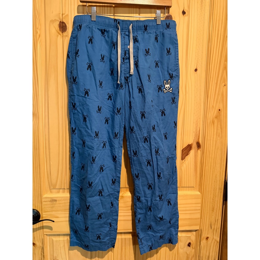 Psycho Bunny Mens Blue Cotton Pajama Lounge Pants Bunny Logo Size M